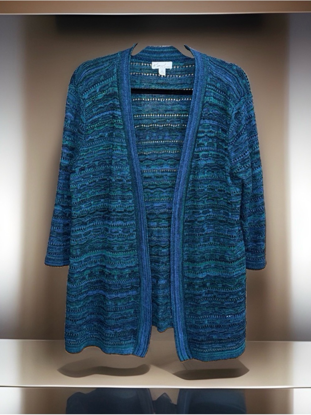 Kim Rogers Blue-Green Open-Front Knit Midi Cardigan-L-EC